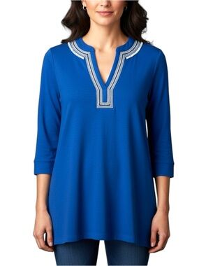 Chico’s 1 MEDIUM Linen Blend Silver Embroidered Beaded Split-Neck Blue Tunic Top